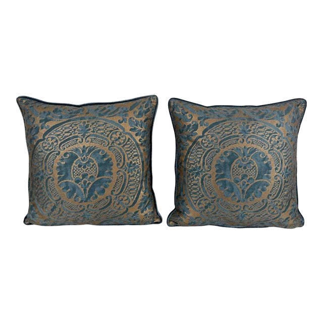 Authentic Fortuny Aquamarine Velvet & Gold Pillows, Italy, 21st Century For Sale