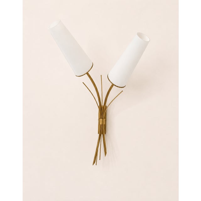 Vintage Wall Sconces in Brass and Curved Opaline Glass, France, 1960, Set of 2 For Sale - Image 6 of 7