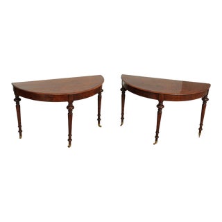 Antique English Regency Style Pair Mahogany Demilune Console Tables For Sale