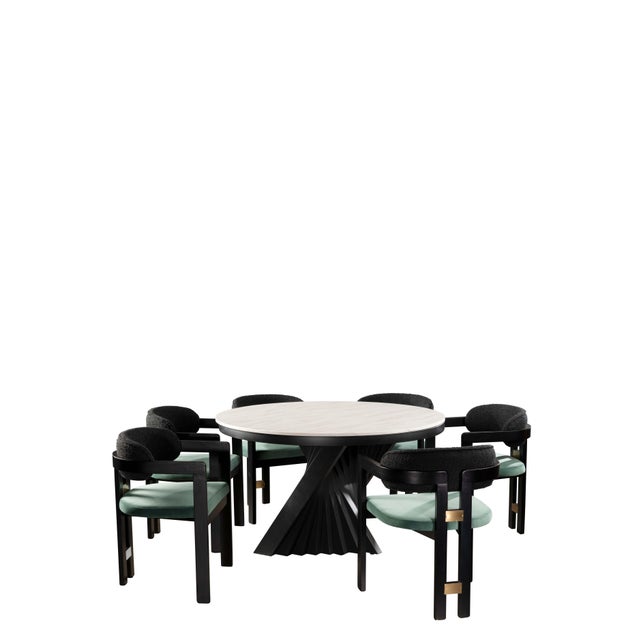 Contemporary Conan Round Marble Top Black Dining Table Set for 6 with Green Chairs For Sale - Image 3 of 3