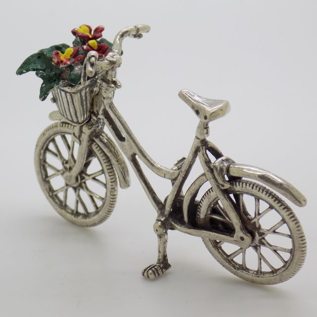 Vintage Italian Handmade Genuine Silver Bicycle With Flower Basket Figurine, Dollhouse Miniature, Made in Tuscany (Arezzo) For Sale - Image 6 of 9