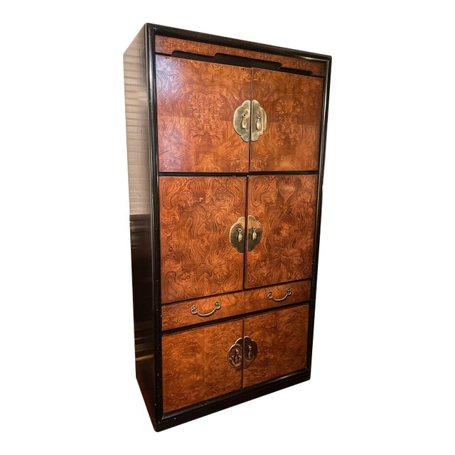 1970s Bernhardt Burlwood Asian Chinoiserie Armoire Cabinet 1970s For Sale