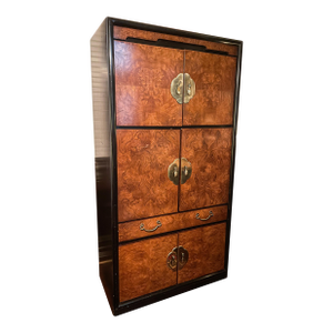 1970s Bernhardt Burlwood Asian Chinoiserie Armoire Cabinet 1970s