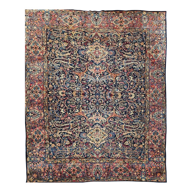 Vintage Persian Yazd Rug, Hand-Knotted Wool, Allover Floral Pattern, Navy & Red, 9x12 For Sale