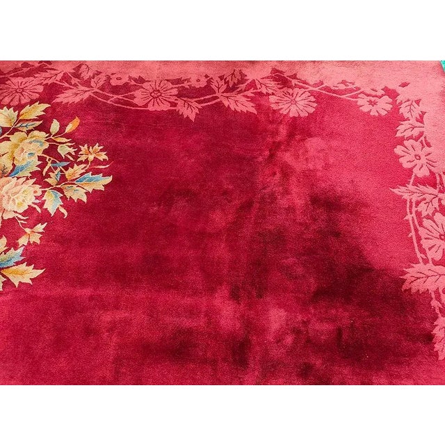 1920s 1920s Red Wine Open Field Daisies Floral Antique Chinese Art Deco Rug For Sale - Image 5 of 12