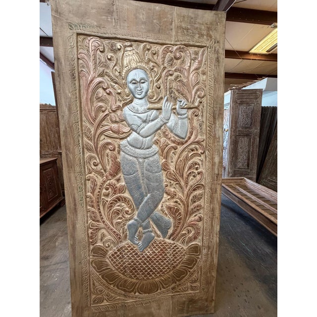 Wood Antique Hand-Carved Wooden Krishna Relief Panel With Floral Motifs For Sale - Image 7 of 9