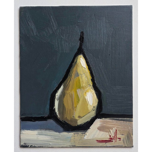 An impressionist oil painting of a green pear, by UK based artist Vivek Mandalia. Frame and hang in your home. 20 x 25 cm...