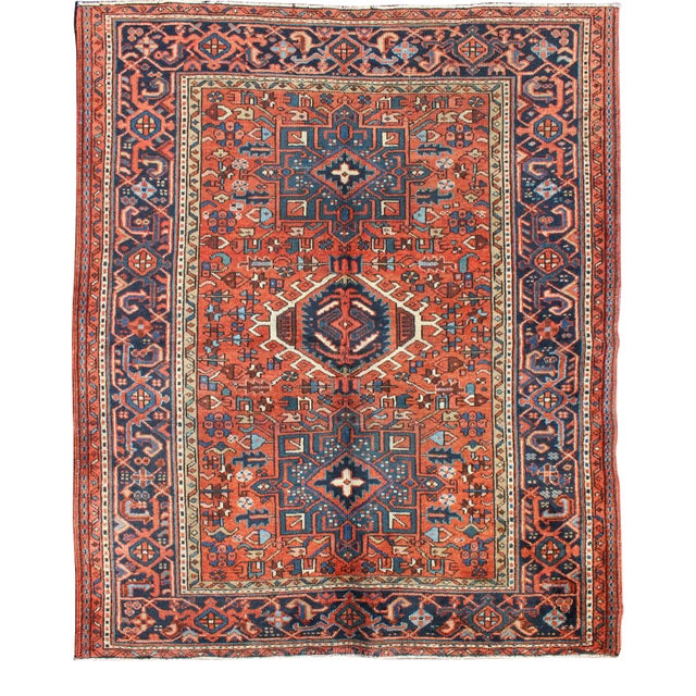 Antique Persian Karajeh Rug With Three Geometric Medallions in Rust & Blue For Sale