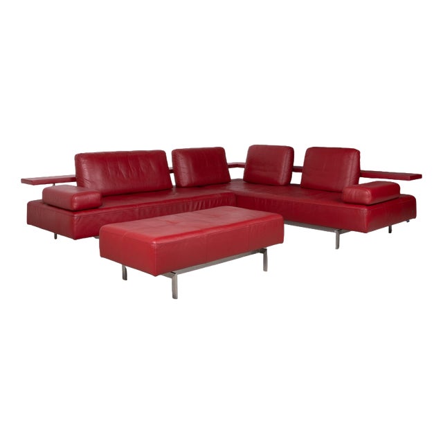 Dono 6100 Set Leather Corner Sofa with Ottoman in Red with Manual Function from Rolf Benz, Set of 2 For Sale