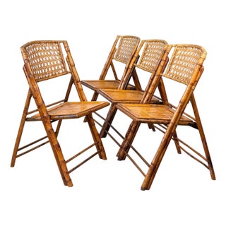 Vintage 1970s Coastal Rattan Bamboo Folding Bistro Chairs - Set of 4 For Sale
