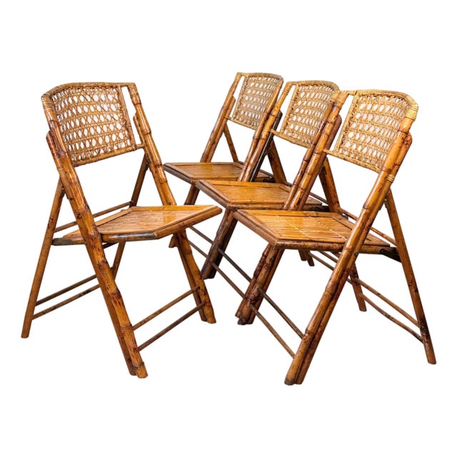 Vintage 1970s Coastal Rattan Bamboo Folding Bistro Chairs - Set of 4 For Sale