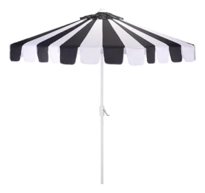 Meze 9 Ft Crank Umbrella, Black Cabana Stripe/White Pole