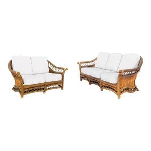 1930s Art Deco "President" Stick Reed Rattan Fan Back Settee and Sofa Set