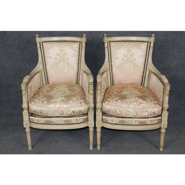 French Pair of French Louis XVI Style Paint Decorated Bergère Chairs by Maison Jansen For Sale - Image 3 of 15