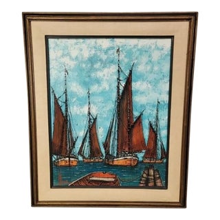 Vintage Mid-Century Modern Nautical Sailboats Oil on Panel Signed For Sale