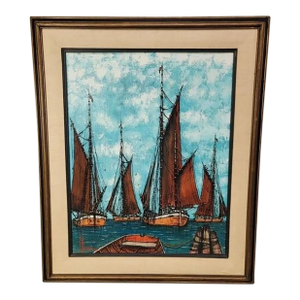 Vintage Mid-Century Modern Nautical Sailboats Oil on Panel Signed
