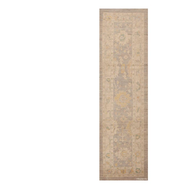 Warm Decorative Neutral Grey Tribal Modern Turkish Oushak Design Hallway Runner Rug For Sale