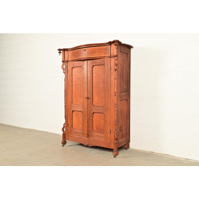 Victorian Antique Victorian Carved Oak Wardrobe or Armoire Dresser, Circa 1890s For Sale - Image 3 of 17