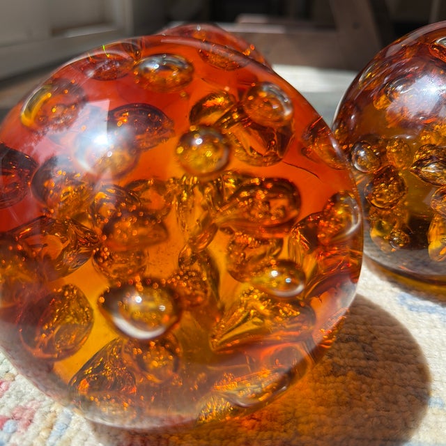 1960s Vintage Amber Controlled Bubble Art Glass Orbs – Set of 3 Murano Style Paperweights For Sale - Image 5 of 7
