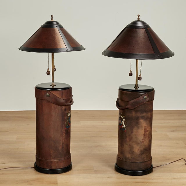 1920s Antique English Leather Bucket Table Lamps With Armorial Crests - a Pair For Sale - Image 9 of 11