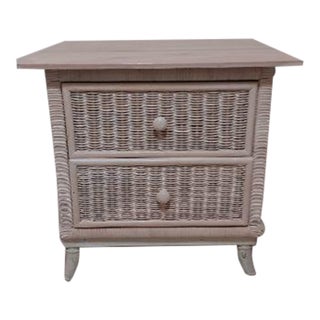1980s Nightstand Whitewash Wood Wicker Metal Detail Coastal Style For Sale