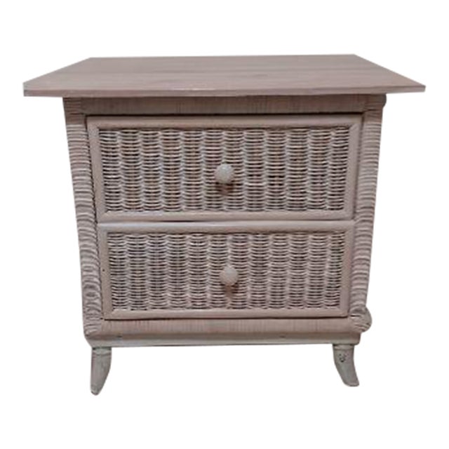 1980s Nightstand Whitewash Wood Wicker Metal Detail Coastal Style For Sale