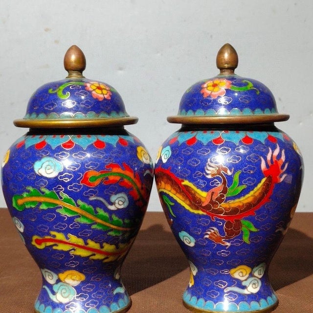Vintage Pair of Chinese Blue Cloisonné Enamel "Dragon & Phoenix" Covered Jars With "Xuan" Mark For Sale In Los Angeles - Image 6 of 9