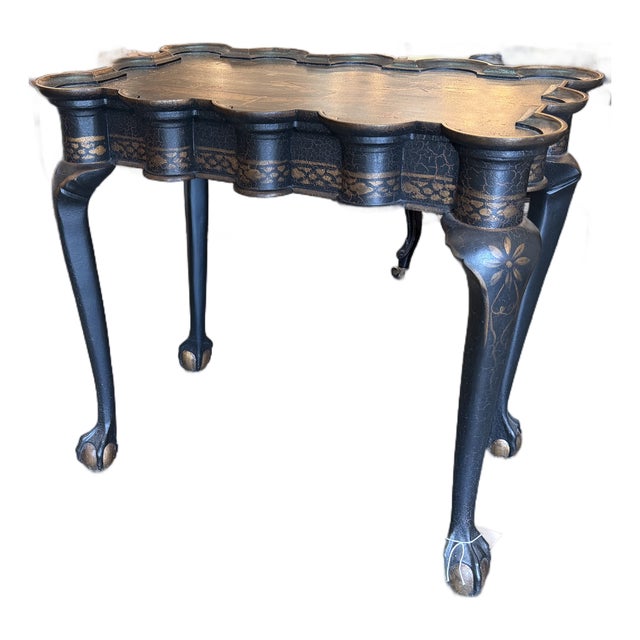 Vintage English Queen Anne Chinoiserie Black Lacquer Table For Sale