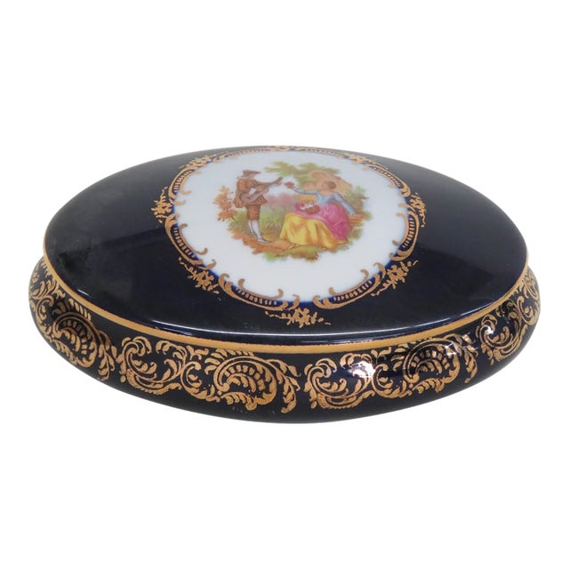 Limoges Castel Oval Trinket Box Cobalt Blue 22k Gold Trim Courting Couple 5190b For Sale