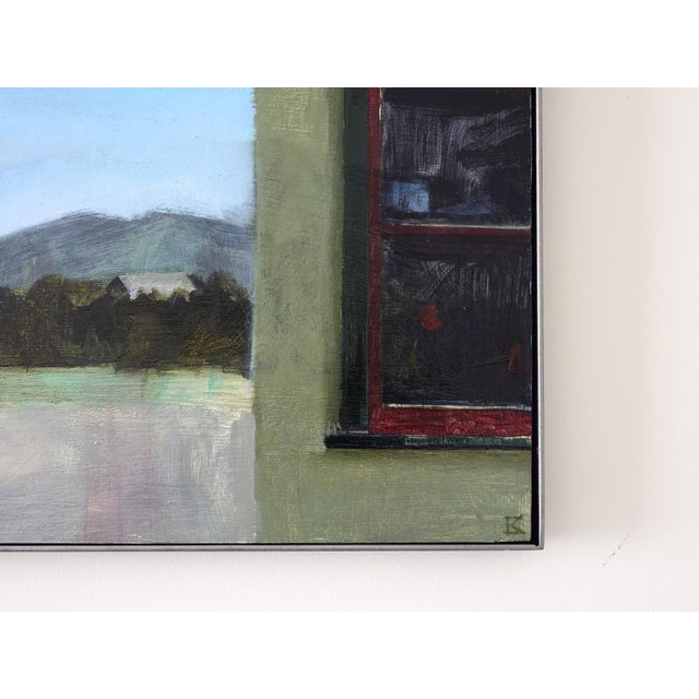 Daytime Secret by Emma Kalff | Oil on panel Painting of a street scene with buildings and mountains. For Sale - Image 4 of 5