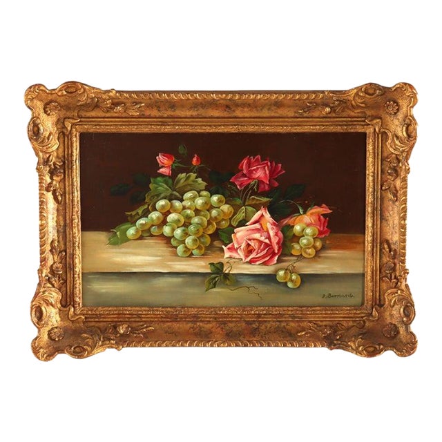 Oil on Board Floral Still Life Painting of Roses & Grapes by J. Bernard C1920 For Sale