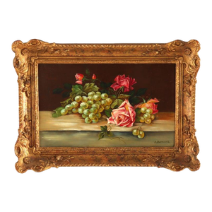 Oil on Board Floral Still Life Painting of Roses & Grapes by J. Bernard C1920