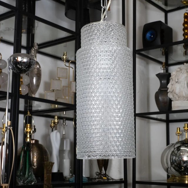 Mid-Century Modern Molded Cylindrical Glass Pendant For Sale - Image 3 of 8