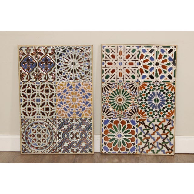 High Quality Pair of Vintage Mosaic Design Tiles Mounted on Metal Base, Intended Use as Table Tops
