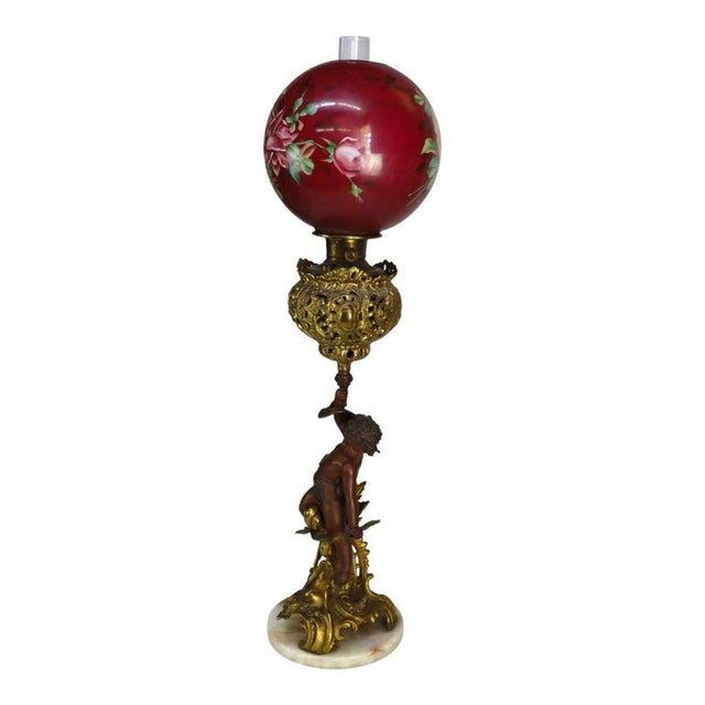 19th Century Bradley & Hubbard Victorian Brass, Bronze, Marble & Glass Figural Oil Lamp For Sale - Image 10 of 14