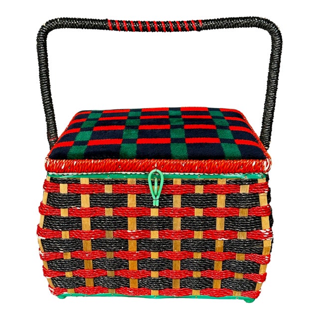 Red Plaid Woven Rattan Sewing Basket For Sale
