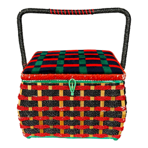 Red Plaid Woven Rattan Sewing Basket