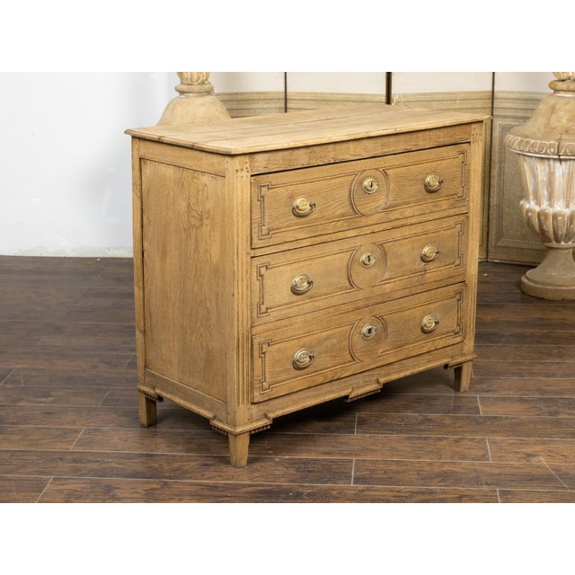 19th Century French Louis XVI Style Bleached Oak Three-Drawer Chest with Carved Panels For Sale In Atlanta - Image 6 of 12