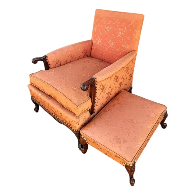 1920s Victorian Carved Walnut Armchair and Ottoman For Sale