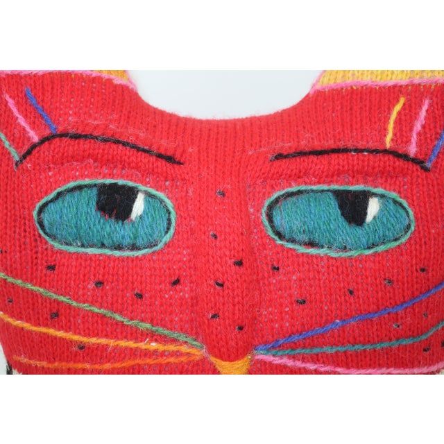Postmodern purrrfection! A colorful 1980's wool knit cat pillow with a whimsical silhouette in the manner of Laurel Burch....