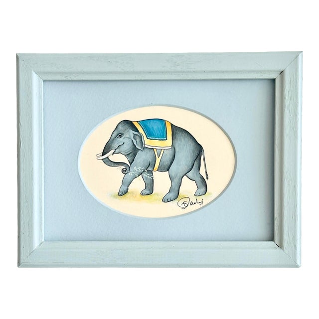 Original Hand-Painted Elephant Painting in a Hand-Painted Frame For Sale