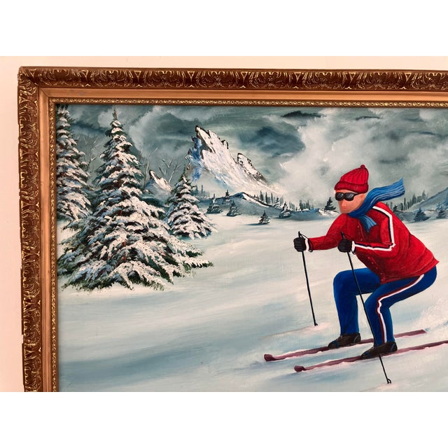 Large Vintage Ski Scene Oil Painting by Phil Julian For Sale - Image 4 of 7