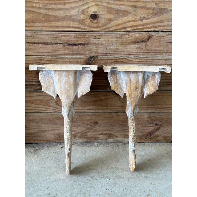 Tan Vintage Regency Sculptural Elephant Carved Wood Wall Bracket Shelves-Pair For Sale - Image 8 of 12