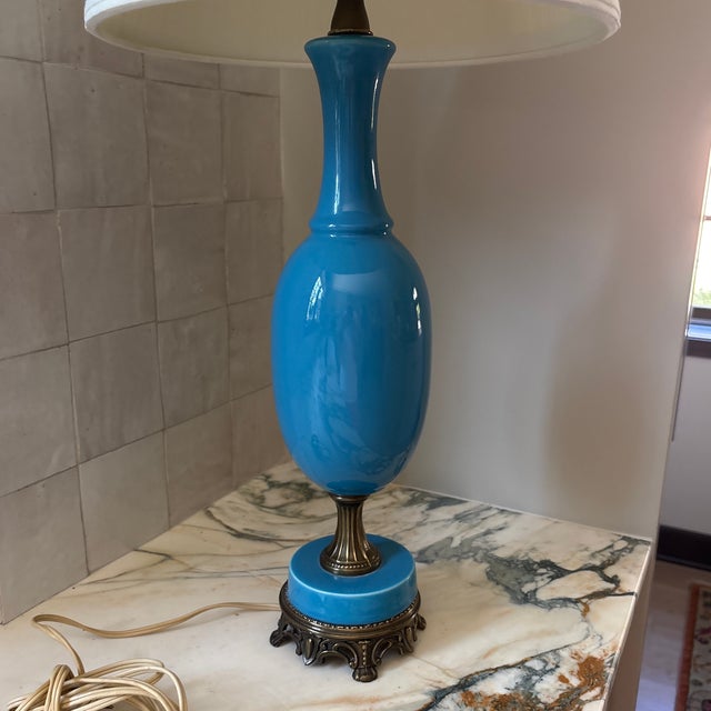 French 1950s French Style Blue Porcelain Table Lamp For Sale - Image 3 of 12