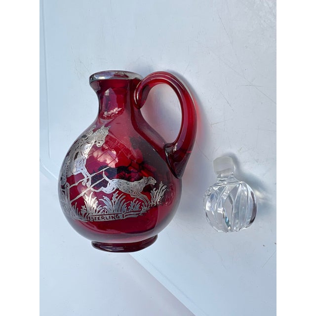 Ruby Red Antique Ruby Red Glass Cordial Decanter & Tumbers Set With Sterling Silver Hunt Scene For Sale - Image 8 of 10
