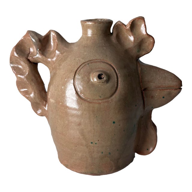 Vintage North Carolina Folk Art Chicken Face Pottery Jug For Sale