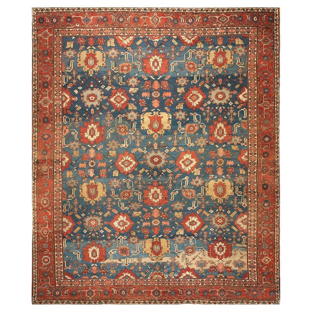 1880s Royal Blue Medallion Tribal Antique n.w. Persian Serapi Rug 12' X 14' 6" Wool Carpet For Sale - Image 18 of 18