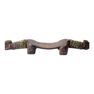 Early 20th Century Nyamwezi Wooden Headrest with Glass Bead Decoration Tanzania For Sale