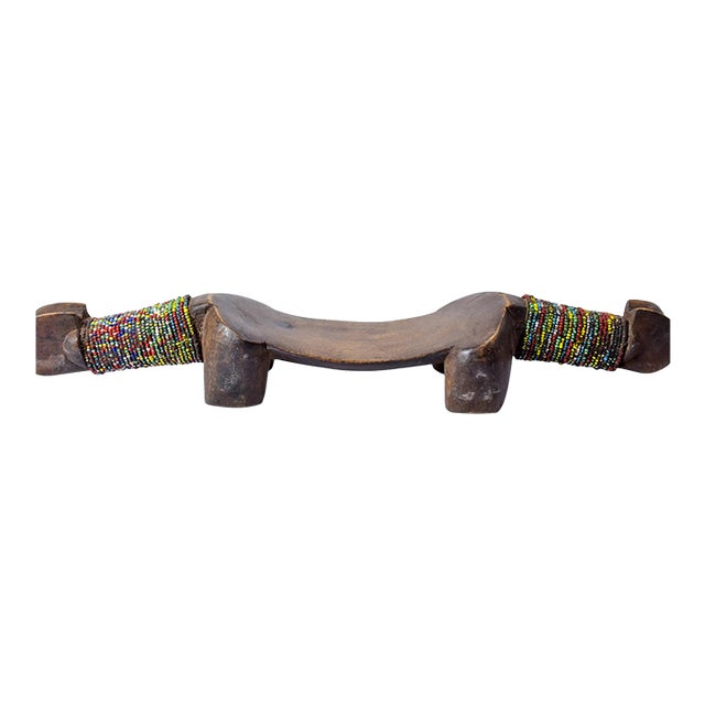 Early 20th Century Nyamwezi Wooden Headrest with Glass Bead Decoration Tanzania For Sale