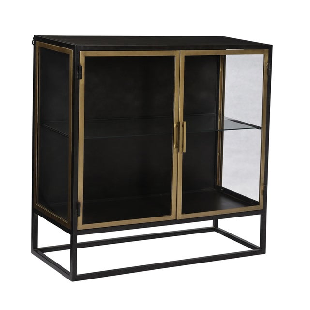 Gunmetal antique black finish iron and brass finish iron side cabinet / nightstand. Glass doors and sides with one glass...